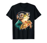 Frog Holds Pizza Eyeglass Headphone Music Animal Art Frog T-Shirt