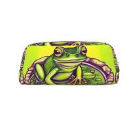 Frog in A Pond Genuine Leather Zip Pen Pouch, Stationery Storage Bag Makeup Bag, Suitable for Students School Office.