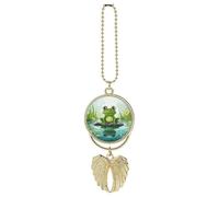Frog in A Pond Hanging Car Charm with Angel Wings Metal Rear View Mirror Pendant Car Interior Decorative Accessories Decor Ornament Memorial Gifts for Women Men