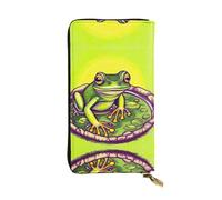 Frog in a pond Long leather wallet, portable credit card holder, zippered coin purse, and ID compartment