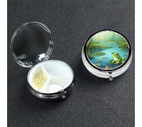 Frog in a Pond Pill Box with Mirror 3 Compartment Decorative Pill Case for Purse or Pocket Small Round Pill Organizer Weekly Metal Medicine Tablet Vitamin Holder Travel Gift