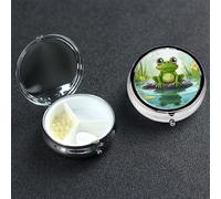 Frog in a Pond Pill Box with Mirror 3 Compartment Decorative Pill Case for Purse or Pocket Small Round Pill Organizer Weekly Metal Medicine Tablet Vitamin Holder Travel Gift