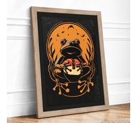 Frog in Autumn Moon Rustic Framed Wall Art Print A1 (84.1×59.4cm) Oak, Wall Decor for Living Room, Bedroom, Office & Home, Ready to Hang, Art Gift
