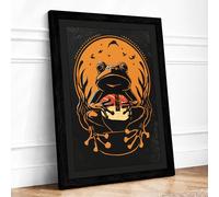 Frog in Autumn Moon Rustic Framed Wall Art Print A3 (42×29.7cm) Black, Wall Decor for Living Room, Bedroom, Office & Home, Ready to Hang, Art Gift