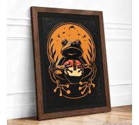 Frog in Autumn Moon Rustic Framed Wall Art Print A3 (42×29.7cm) Walnut, Wall Decor for Living Room, Bedroom, Office & Home, Ready to Hang, Art Gift
