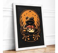 Frog in Autumn Moon Rustic Framed Wall Art Print A4 (29.7×21cm) White, Wall Decor for Living Room, Bedroom, Office & Home, Ready to Hang, Art Gift