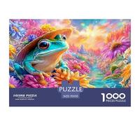 Frog in Flower-adorned Straw Hat Sits Among Vibrant Blooms by Water 1000Pc Jigsaw Puzzle Fantasy Colorful Frogs - Premium Quality, Great for Adults & Kids 70x50cm/1000pcs