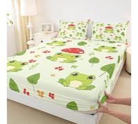 Frog Kids Double Size Fitted Sheet,Cute Mushroom Leaves Flower Room Decor, Boys Girls Bed Sheets,Green Red Bedding Set,2 Pillowcases(No Flat)