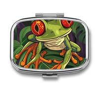 Frog Leaves Green Pill Case Box with 2 Compartment Medicine Vitamin Organizer for Purse Pocket 5.5x4cm