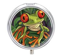 Frog Leaves Green Pill Case Box with 3 Compartment Medicine Vitamin Organizer for Purse Pocket 5x5cm