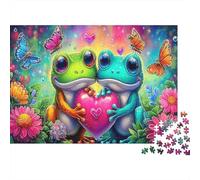 Frog Love Heavyweight Paper Two Frogs Holding Heart in Flowers Jigsaw Puzzle Interactive Relaxing Activity 70x50cm/1000pcs