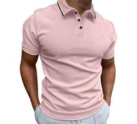 Frog Men's Spring and Summer Plain Stand Collar Shirt Short Sleeve Casual T-Shirt Sports Watch Men, pink, M