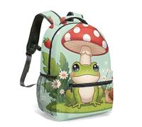 Frog Mushroom Graphic Backpack 16 Inch Whimsical Magical Forest Print Bag for Kids School Colorful Nature Illustration (03)