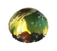 Frog on a Lotus Leaf Printed shower cap, reusable, specially designed for women's long hair, double-layer structure, suitable for bathing.