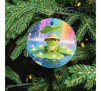 Frog on Giant Lily Ceramic Christmas Ornament - 2 Pcs Xmas Tree Porcelain Hanging Ornaments, Round Farmhouse Pendant for Xmas Tree, Holiday Party Decorations & Festive Gift 2.8 Inch