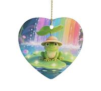 Frog on Giant Lily Ceramic Christmas Ornament Heart Porcelain Hanging Pendant for Xmas Tree Decor Farmhouse Holiday Keepsake Gift for Home Office Decoration
