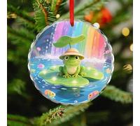 Frog on Giant Lily Christmas Ornaments - Round Christmas Tree Decorations with Red String, Winter Holiday Keepsake Pendant for Fireplace, Mantel, Wreath Holiday Party Decor (3.1 Inch)