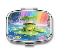 Frog on Giant Lily Pill Box 2-Compartment Portable Pill Case Square Metal Medication Organizer Small Weekly Medication Case with Mirror Stylish Vitamin Holder for Purse Pocket Travel