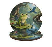 Frog on Lily Pad 2 Pack Car Coasters for Cup Holders Wooden Absorbent Car Cup Coasters Non-Scratch Cork Base, Water Resistant Cups Mat for Women & Men (Fits Most Cars, SUVs, Trucks)
