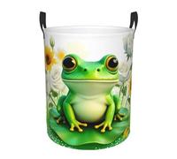 Frog On Lily Pad With Flowers Laundry Basket Hamper Kids Storage Basket Toy Organizer Bin For Bedroom, Bathroom, College Dorms, Boys And Girls