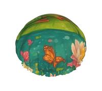 Frog Perched on Lotus Leaf with Blooming Flower Double Layered Women'S Long Hair Waterproof Shower Cap Reusable