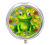 Frog Pill Box 3 Compartment Travel Pill Organizer 3 Times A Day Cute Mini Pill Case for Purse & Pocket Portable Metal Medicine Box with Mirror Round Daily Medicine Vitamin Container