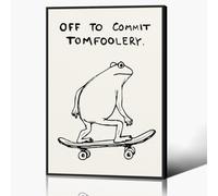 Frog Poster, Funny Quote Off To Commit Tomfoolery Canvas Wall Art, Funky Skateboard Frog Print, Quirk Animal Picture for Kids Room, Beige and Black Minimalist Painting 30x40cm Framed
