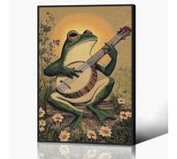 Frog Poster, Playing Banjo Frog Canvas Wall Art, Vintage Comics Frog Print, Retro Cute Animal Picture for Wall, Boho Frog Banjo Painting for Living Room Bedroom 40x60cm Unframed