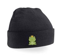 Frog Prince Embroidery Beanie Hat | Cute Toad Crown Knit Cap for Adults | Unisex Winter Headwear Navy