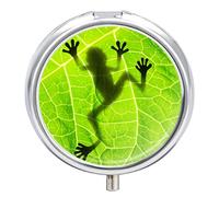 Frog Shadow on Green Leaf Iron Pill Box Case Organizer with Internal Separate Plastic Dividers, Travel Small Medicine Bag Holder Carrier Round Container