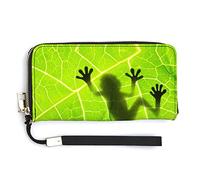 Frog shadow on Green Leaf Long Clutch Wallet, Long Handbag with Removable Wristlet Strap, PU Leather Zip Purse, Credit Pass Case Card-Holder for Men Women