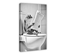 Frog Sitting on The Toilet Reading A Newspaper, Funny Bathroom Wall Art, Retro Animals, Toilet Humor Print, Cute Frog, Ai Art-1