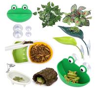 Frog Tank Accessories Set - Complete Tree Frog Habitat Kit with Hideout Cave, Water Dish, Feeding Bowl, Suction Cup Plants & Climbing Decor | Toad Terrarium Supplies for Amphibians