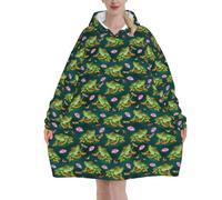 Frog Tropical Lily Dragonfly Fish Oversized Women's Wearable Blanket Hoodie, Flannel Pullover Blanket, Blanket Sweatshirt