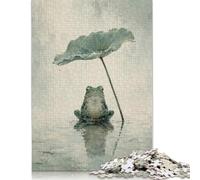 Frog Under Lotus Leaf Jigsaw Puzzle 1000 Pieces, Rainy Garden Design