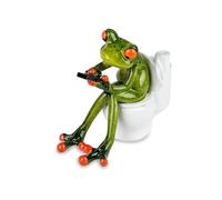 Frog with mobile phones on the toilet, Green, Artificial Stone Approx. 13 CM, right