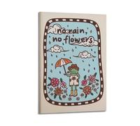 Frog with Mushroom Print, No Rain No Flower Poster Positive Vibes QuotesPoster, Motivational Wall Art, Inspirational Quotes Canvas Posters for Bedroom Living Room Decor 08x12inch(20x30cm) Frame-style