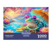 Frog with Pink Glasses Holds Umbrella on Lily Pad 1000 Piece Jigsaw Puzzle Dream Frog Recycled Cardboard, Brainteasing Game 70x50cm/1000pcs