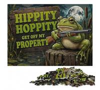 Frog with Shotgun 'Get Off My Property' Adult Wooden Jigsaw Puzzle | A screen-free tabletop activity: a clear build method at your own pace.