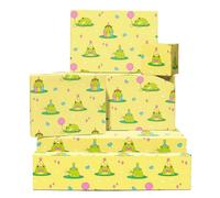 Frog Wrapping Paper - 6 Sheets Of Yellow Gift Wrap - Kawaii Frogs With Bow Party Hat Balloon - Birthday Wrapping Paper For Girls Women Kids - Recyclable - By Central 23