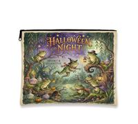 Frogs Canvas with Zipper, Fanciful Playful Pumpkins Potions Halloween Green Canvas with Zipper Cosmetic Pouch for Travel, Vanity, Bathroom, Purse Storage and Daily Use 7x9 Inch