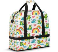 Frogs Rainbow Heart Travel Duffle Bag for Women Men Weekend Overnight Bags Foldable Wet Seperated 47 L Tote Bag for Sports Gym Yoga