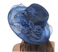 Froiny Womens Hat Foldable Organza Wide Wedding Hats Ladies Summer Gauze Derby Cap for Church Party Beach Travel Outgoing, Navy,6 7/8