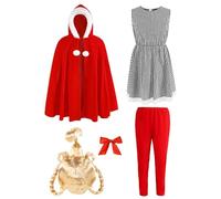 Frojuly Who Lou Costume Adult Women Christmas Dress Cute Mrs Santa Plaid Costumes Xmas Cosplay Halloween Outfit Party Suit Set with Blonde Wig Hooded Cloak Cape Bow L/XL