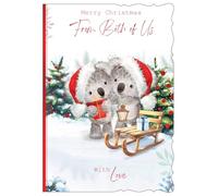From Both Of Us Christmas Card - Koala Bears in santa Hats with Sleigh and Red Foil 7.5x5.25"