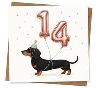 From the Dog 14th Birthday Card, 14th Birthday Card for Dog Lovers, Cute Dachshund Design with Rose Gold Style 14 Balloons, Greeting for Teen Girl or Boy