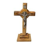 FROM THE HOLY LAND Standing Cross with St Benedict Medal - handcrafted in Bethlehem & Jerusalem - Solid Wood Base - Includes an Authenticity Certificate (14X8CM)