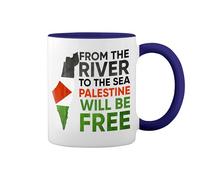 from The River to The Sea Palestine White Coffee Mug with Blue Rim & Handle