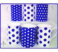 fromeuropewithlove Blue Dots & Spots Mugs Set of Six Fine Bone China Mugs Hand Decorated in the UK Free UK Delivery