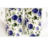 fromeuropewithlove Ivy Rose Mugs Set of 2 Fine Bone China Blue Roses Flowers Mugs Hand Decorated in the UK Free UK Delivery